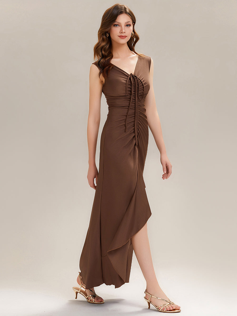 Ruched Asymmetric Hemline Flattering Evening Dress #color_Brown
