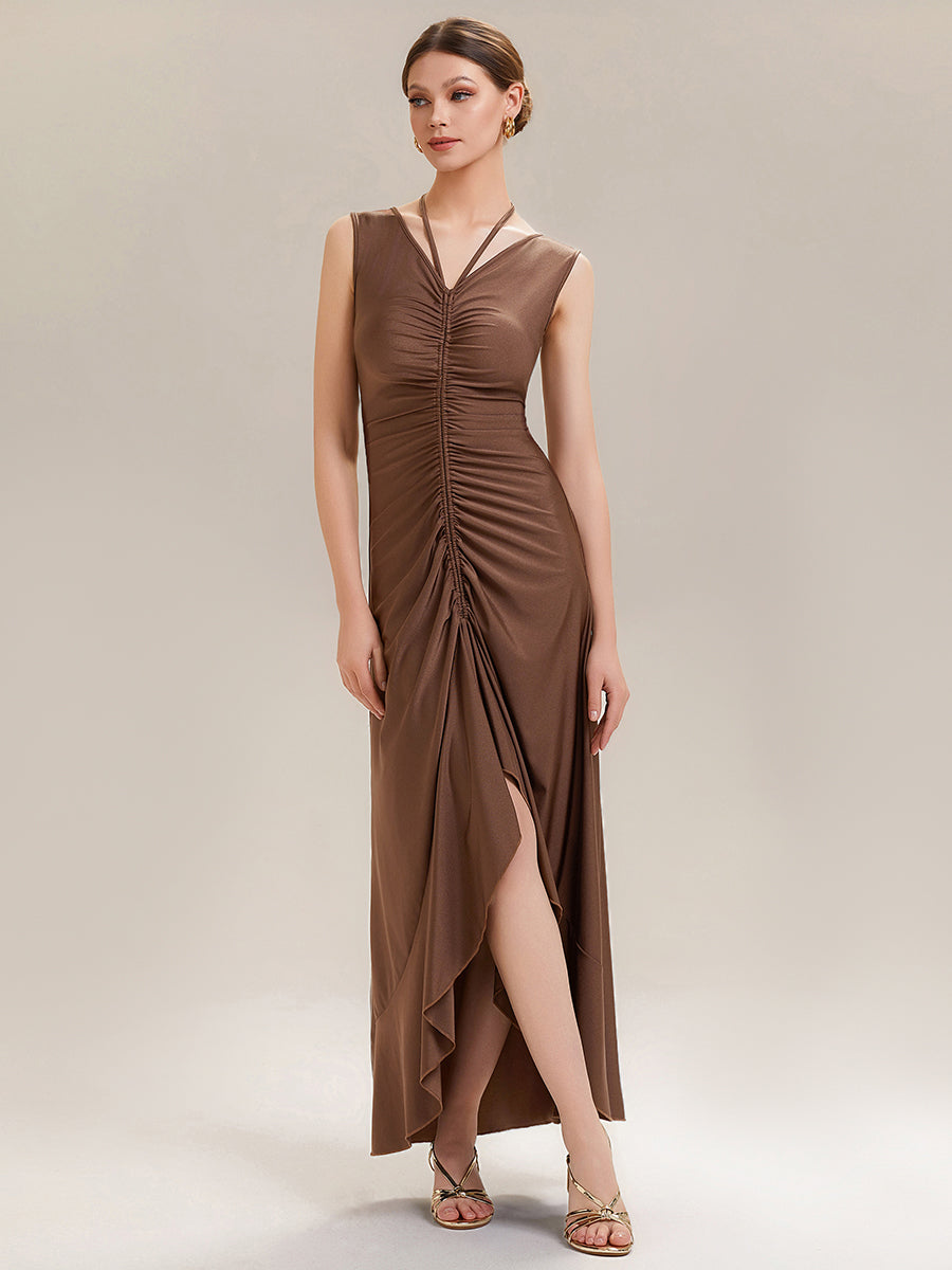 Ruched Asymmetric Hemline Flattering Evening Dress #color_Brown