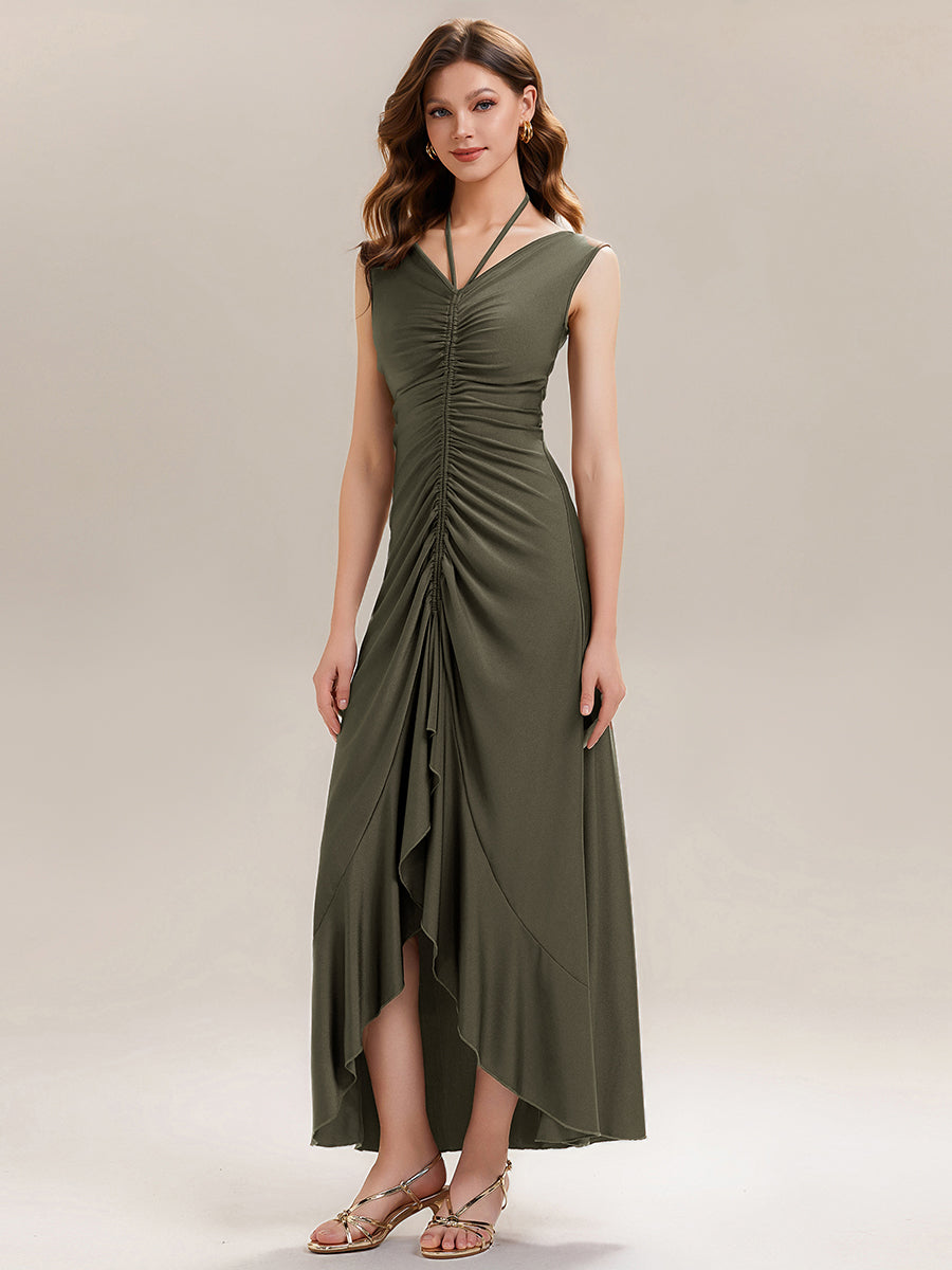 Ruched Asymmetric Hemline Flattering Evening Dress #color_Olive Green