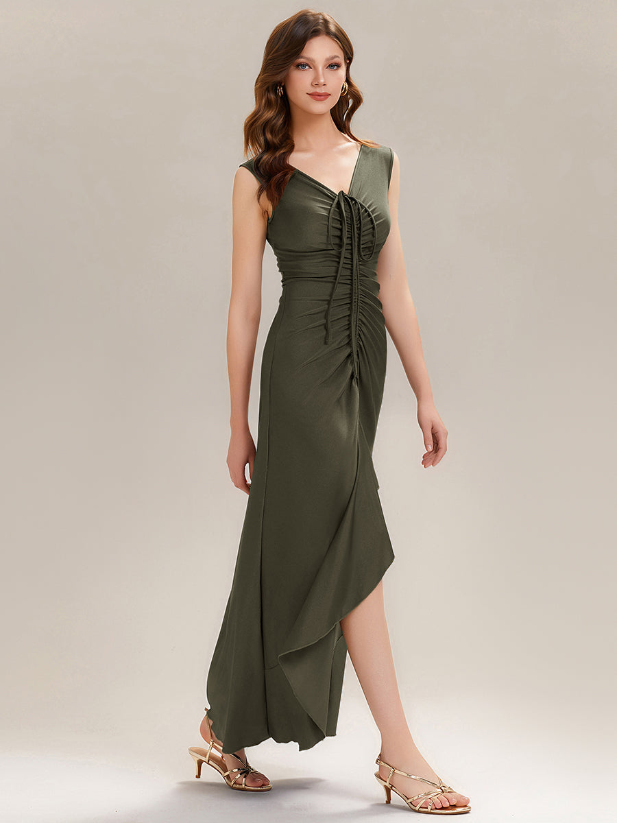 Ruched Asymmetric Hemline Flattering Evening Dress #color_Olive Green