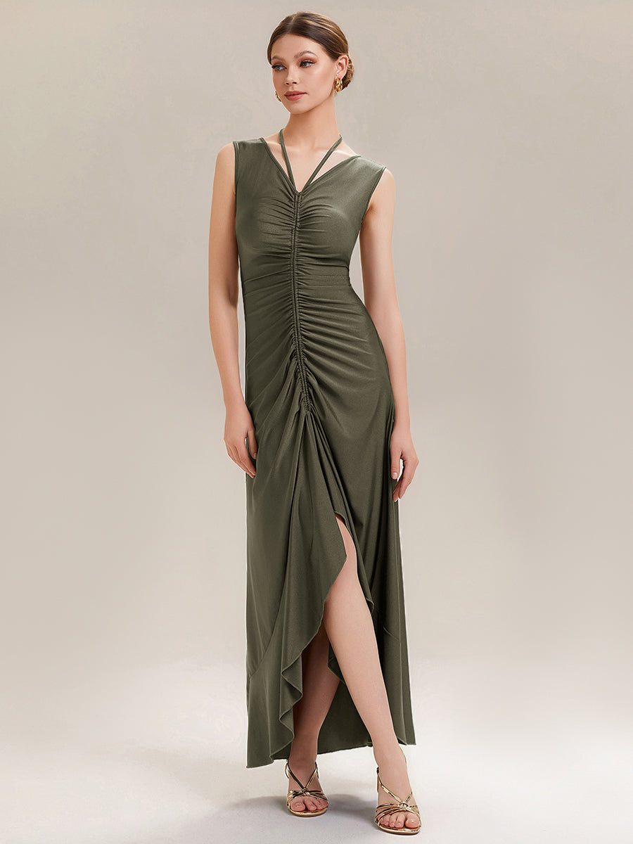Ruched Asymmetric Hemline Flattering Evening Dress #color_Olive Green