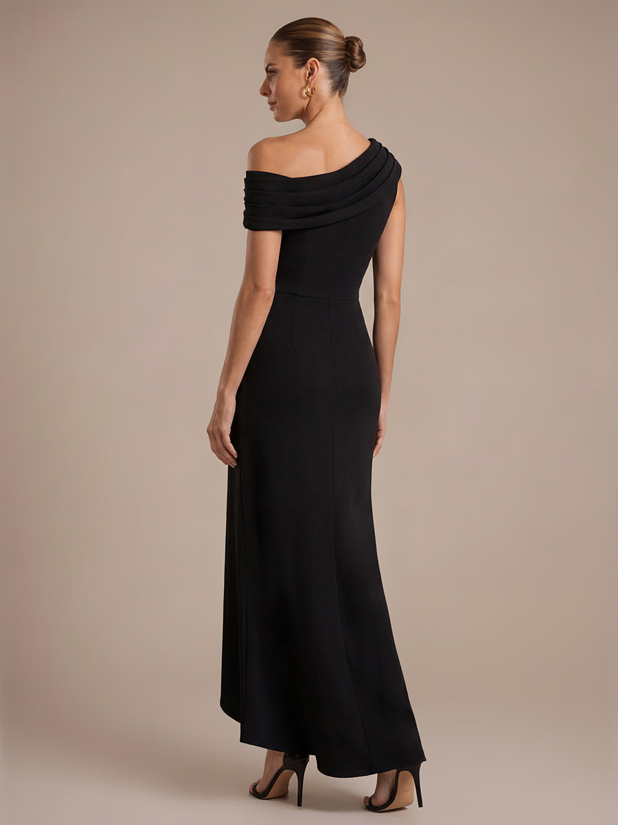 Crepe Off-the-shoulder Sleeve Mermaid Evening Dress #color_Black