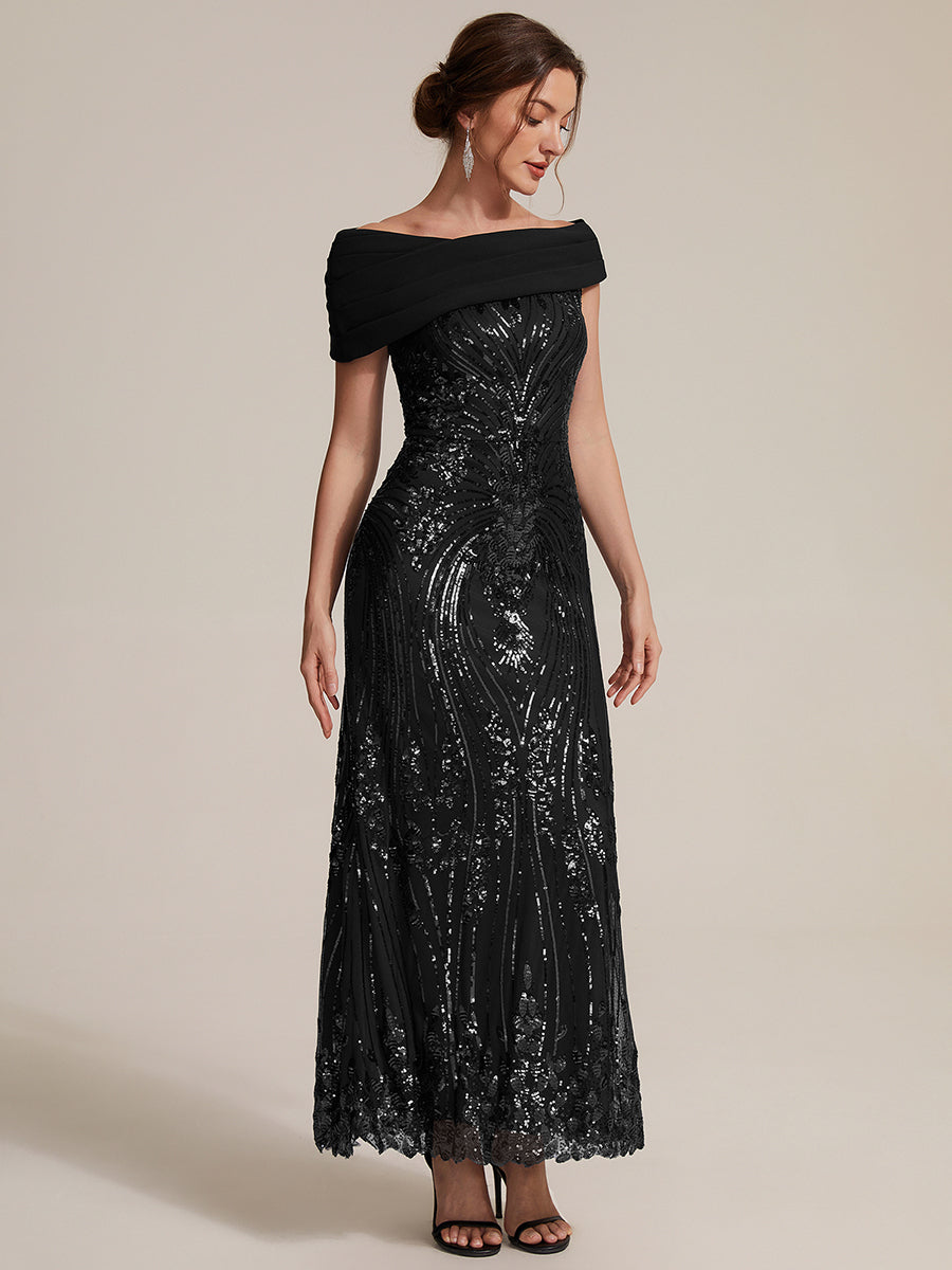 Sequin Off-the-shoulder Sleeve Evening Dress #color_Black
