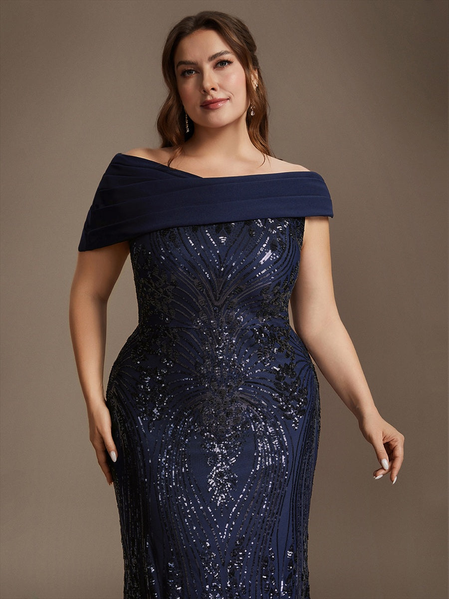 Sequin Off-the-shoulder Sleeve Evening Dress #color_Navy Blue