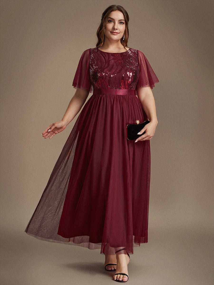 Sequin See-Through Ruffle Sleeve Evening Dress #color_Burgundy