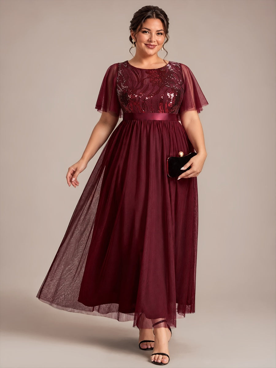 Sequin See-Through Ruffle Sleeve Evening Dress #color_Burgundy