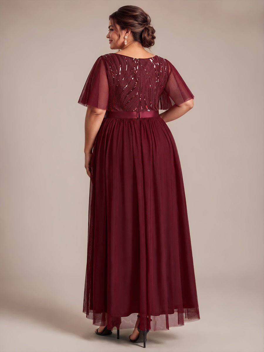 Sequin See-Through Ruffle Sleeve Evening Dress #color_Burgundy