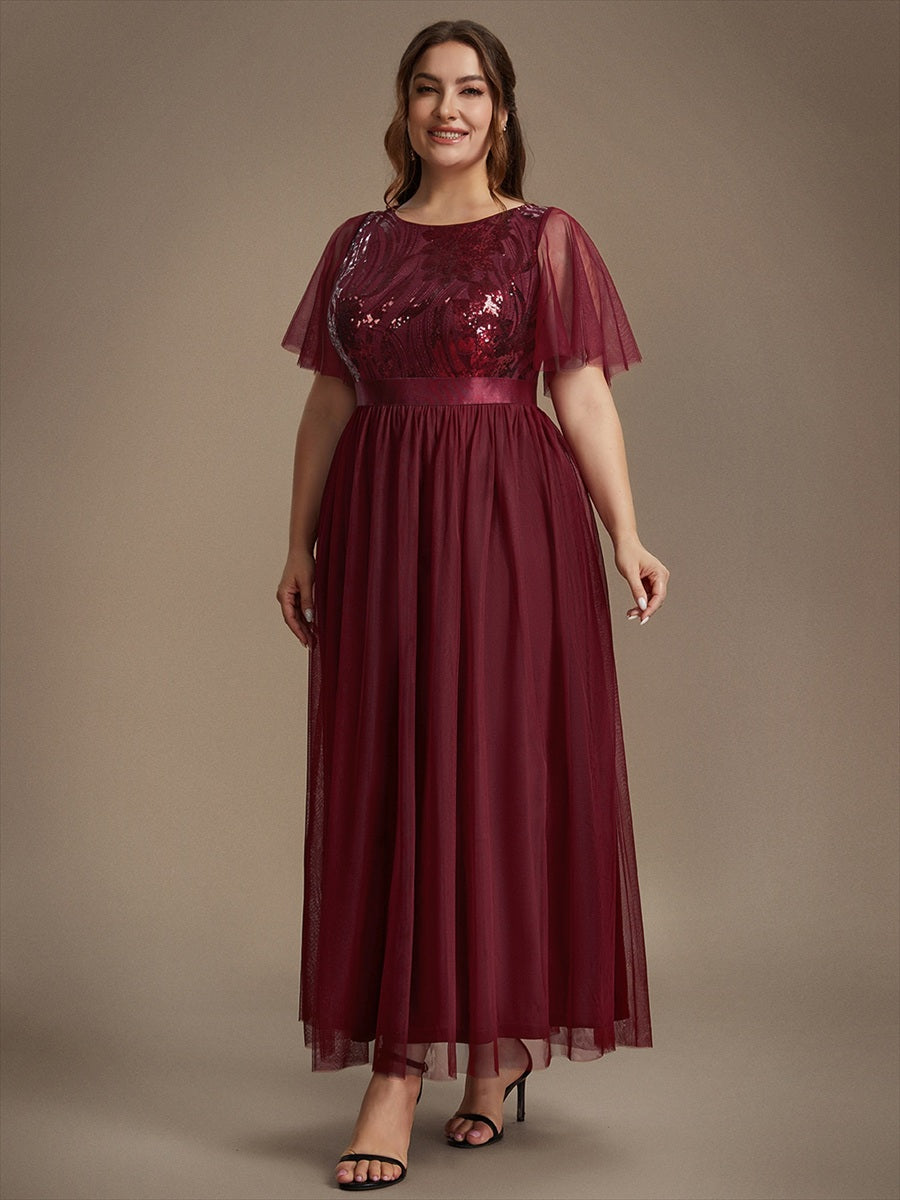 Sequin See-Through Ruffle Sleeve Evening Dress #color_Burgundy