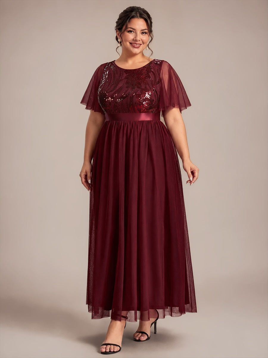 Plus Size Sequin See-Through Tulle Evening Dress #color_Burgundy