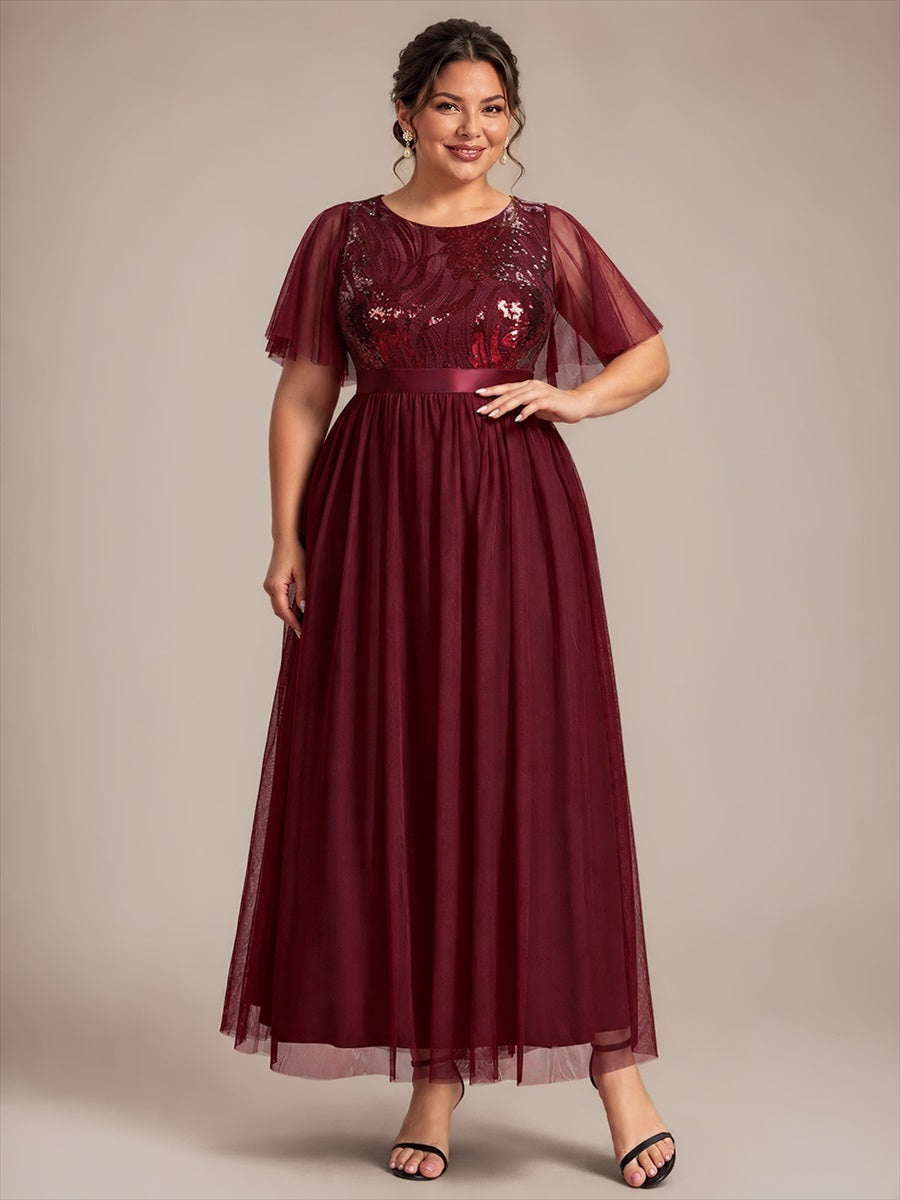 Plus Size Sequin See-Through Tulle Evening Dress #color_Burgundy