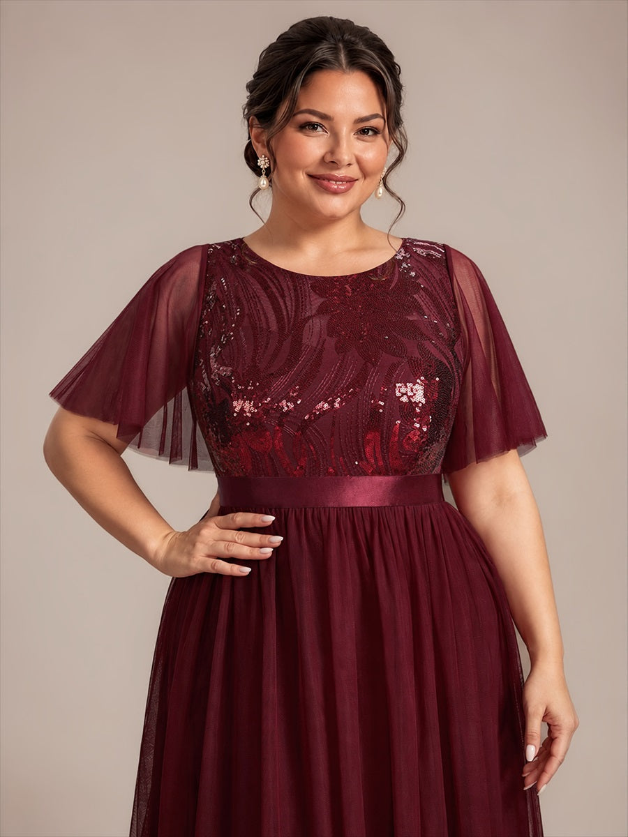 Sequin See-Through Ruffle Sleeve Evening Dress #color_Burgundy