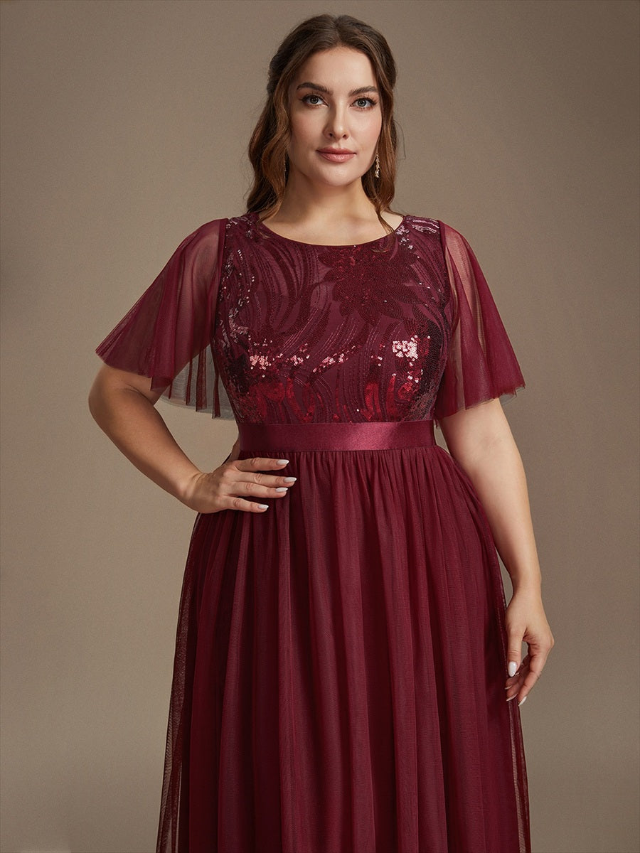 Plus Size Sequin See-Through Tulle Evening Dress #color_Burgundy