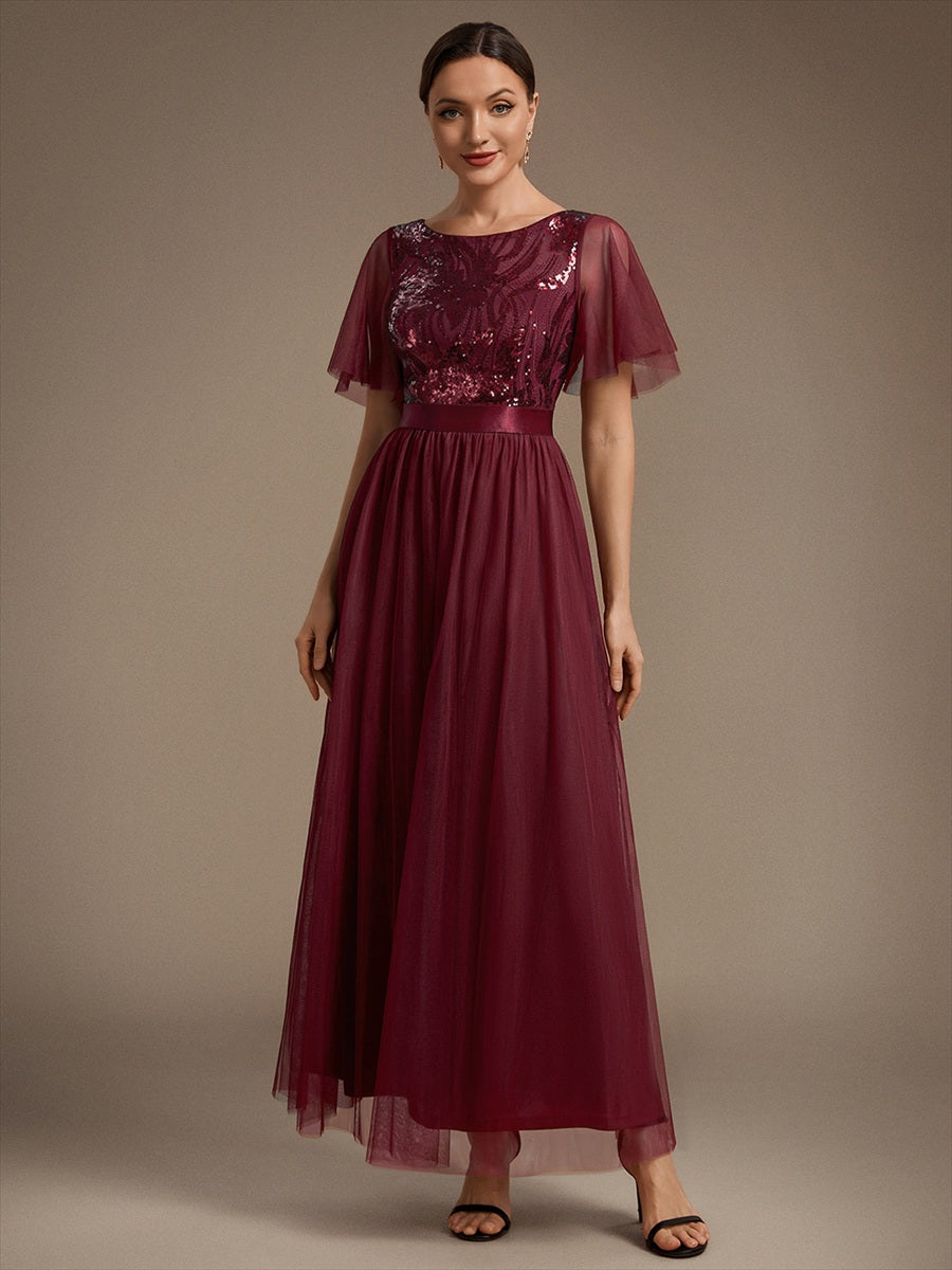 Sequin See-Through Ruffle Sleeve Evening Dress #color_Burgundy