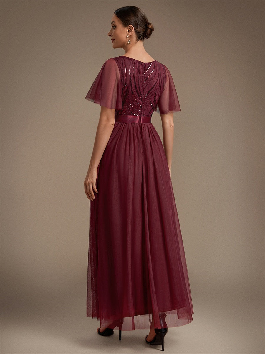 Sequin See-Through Ruffle Sleeve Evening Dress #color_Burgundy