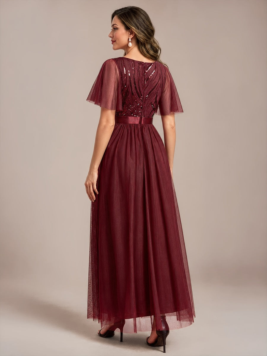 Sequin See-Through Ruffle Sleeve Evening Dress #color_Burgundy