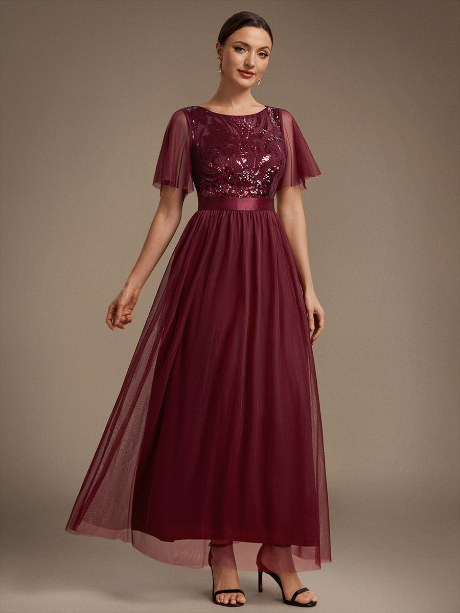 Sequin See-Through Ruffle Sleeve Evening Dress #color_Burgundy