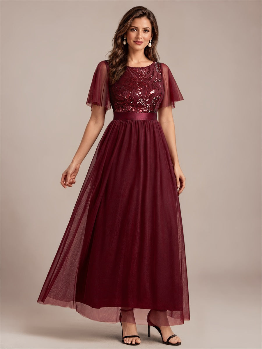 Sequin See-Through Ruffle Sleeve Evening Dress #color_Burgundy