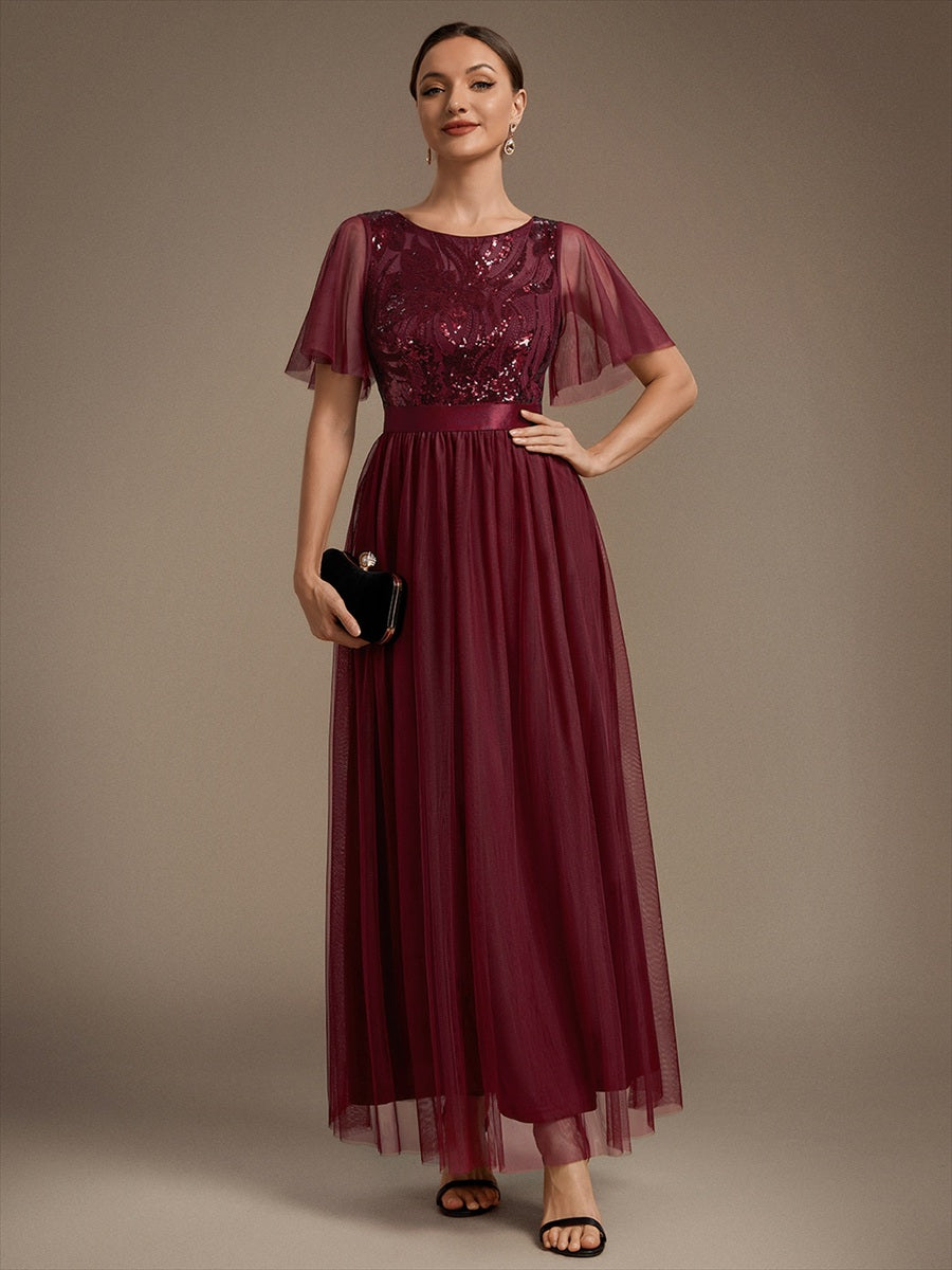 Sequin See-Through Ruffle Sleeve Evening Dress #color_Burgundy