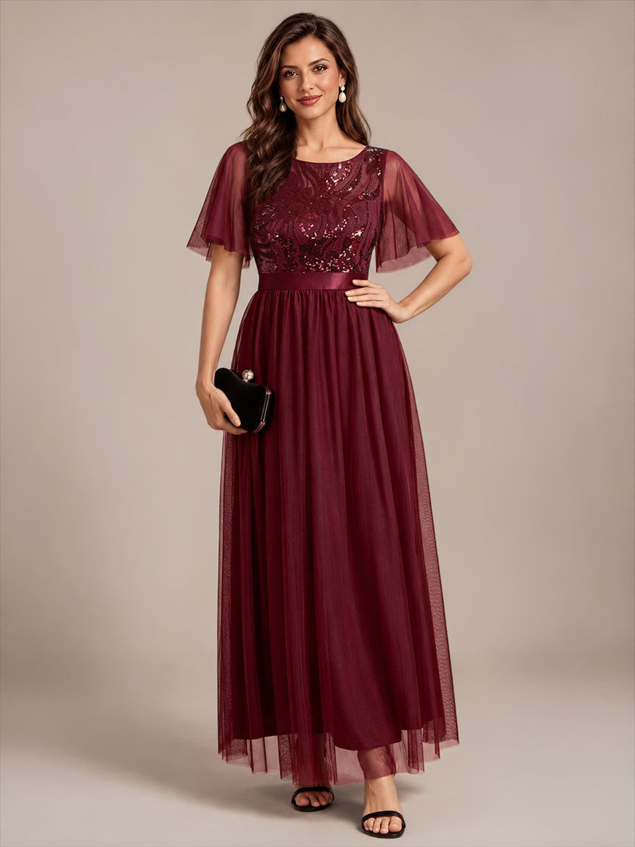 Sequin See-Through Ruffle Sleeve Evening Dress #color_Burgundy