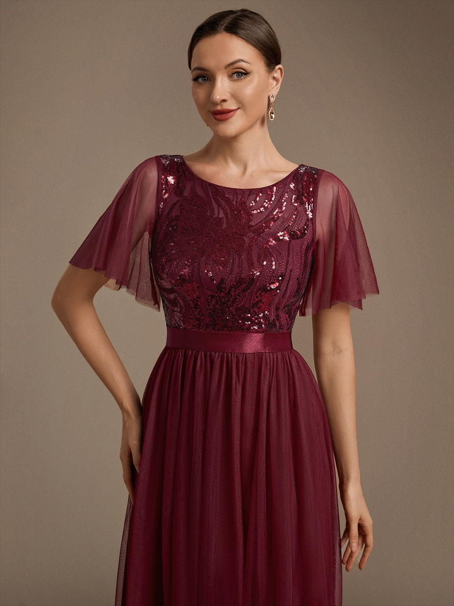 Sequin See-Through Ruffle Sleeve Evening Dress #color_Burgundy