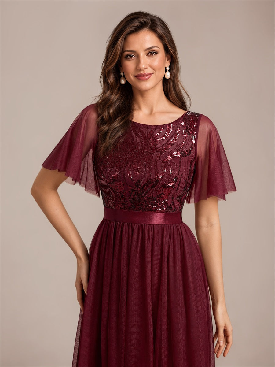 Sequin See-Through Ruffle Sleeve Evening Dress #color_Burgundy