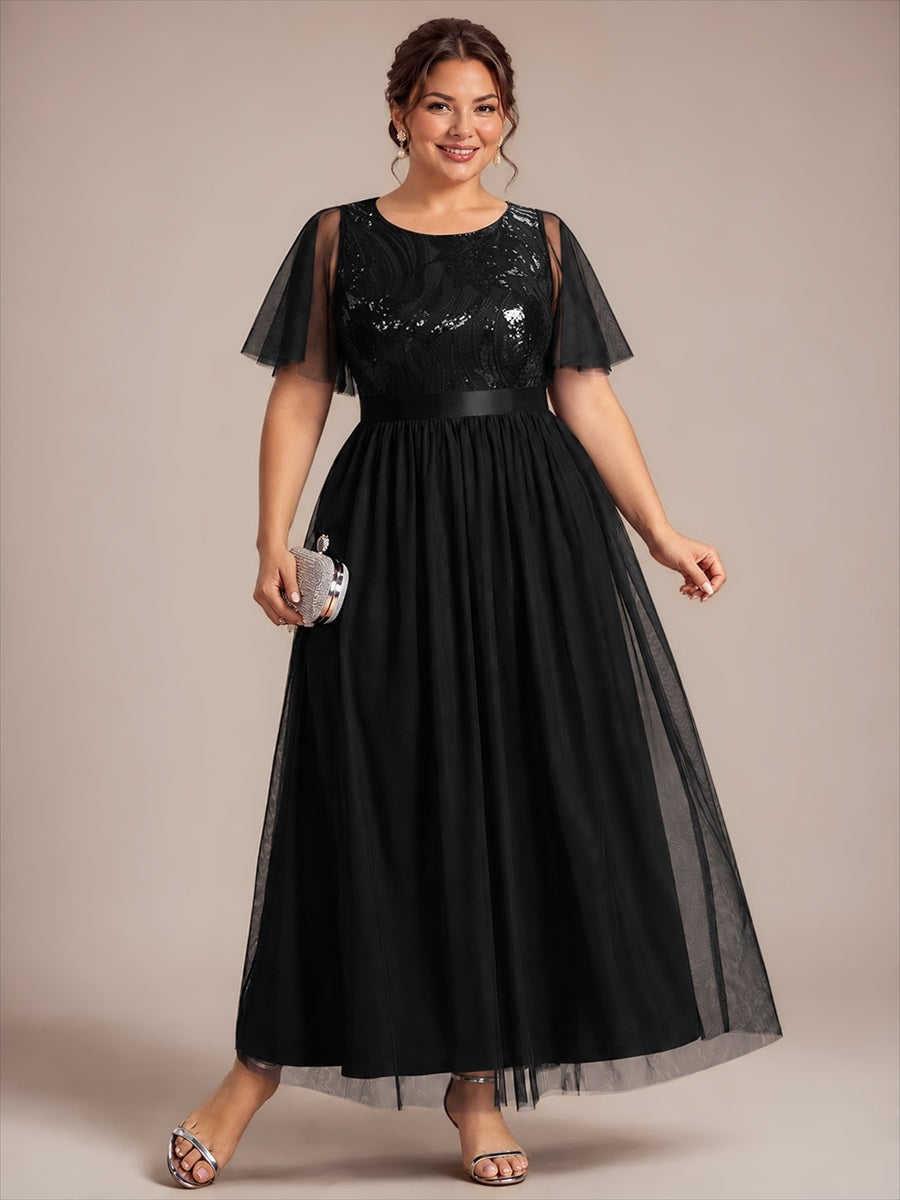 Sequin See-Through Ruffle Sleeve Evening Dress #color_Black