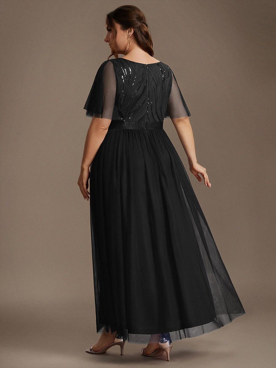 Sequin See-Through Ruffle Sleeve Evening Dress #color_Black