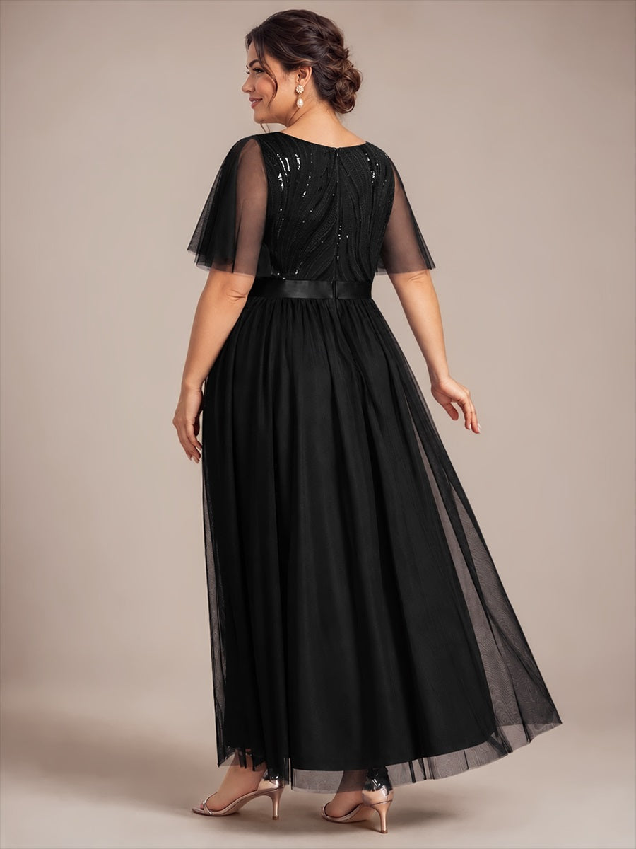 Sequin See-Through Ruffle Sleeve Evening Dress #color_Black