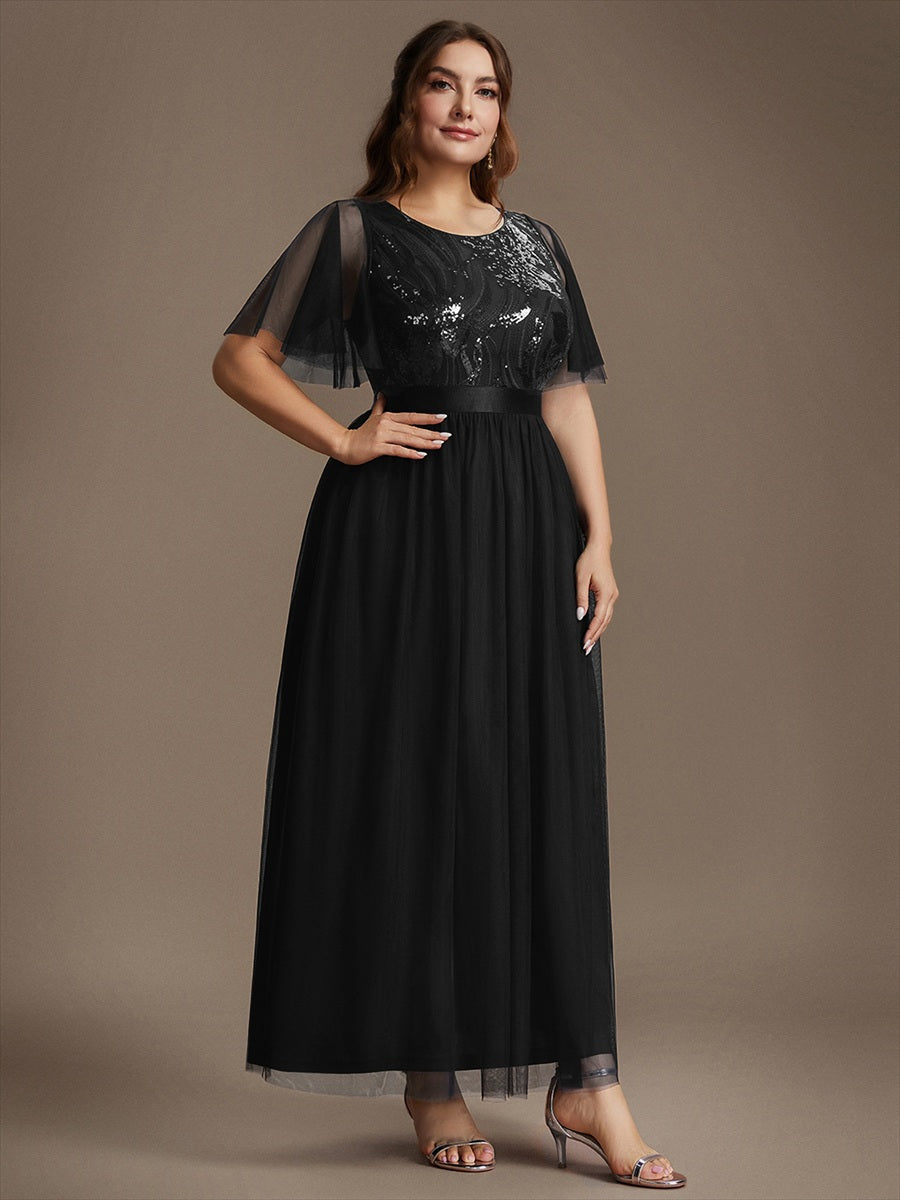 Sequin See-Through Ruffle Sleeve Evening Dress #color_Black