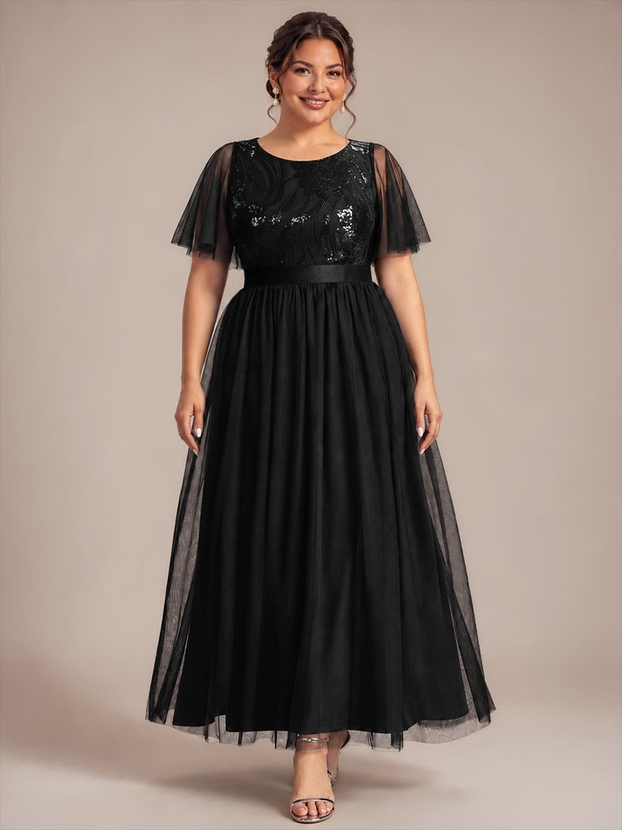 Sequin See-Through Ruffle Sleeve Evening Dress #color_Black