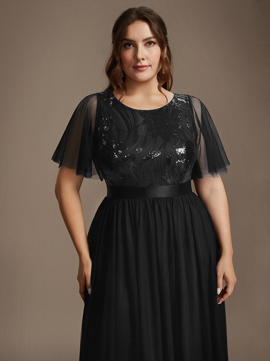 Plus Size Sequin See-Through Tulle Evening Dress #color_Black