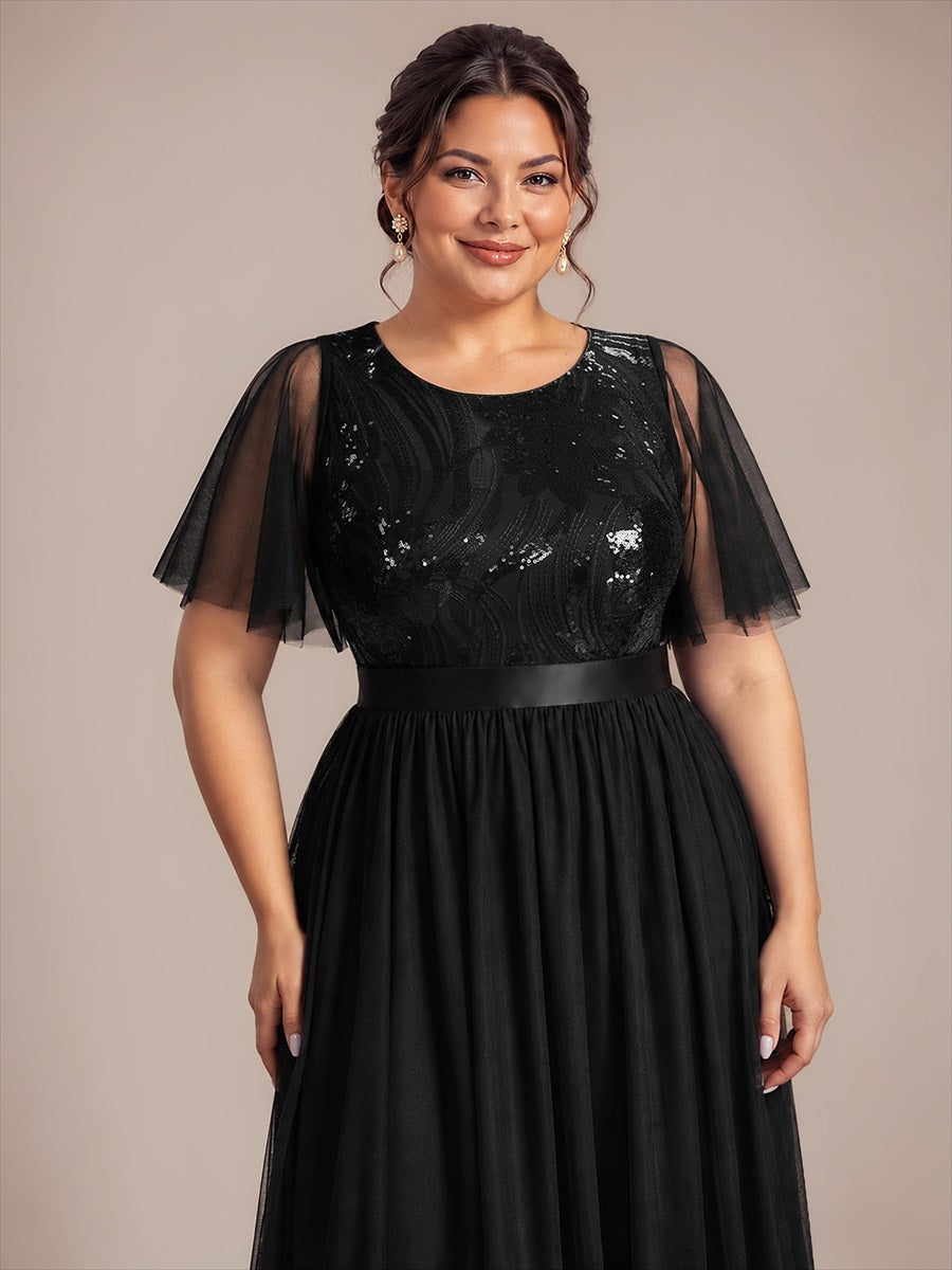 Plus Size Sequin See-Through Tulle Evening Dress #color_Black