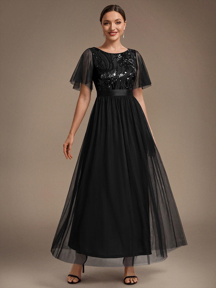 Sequin See-Through Ruffle Sleeve Evening Dress #color_Black