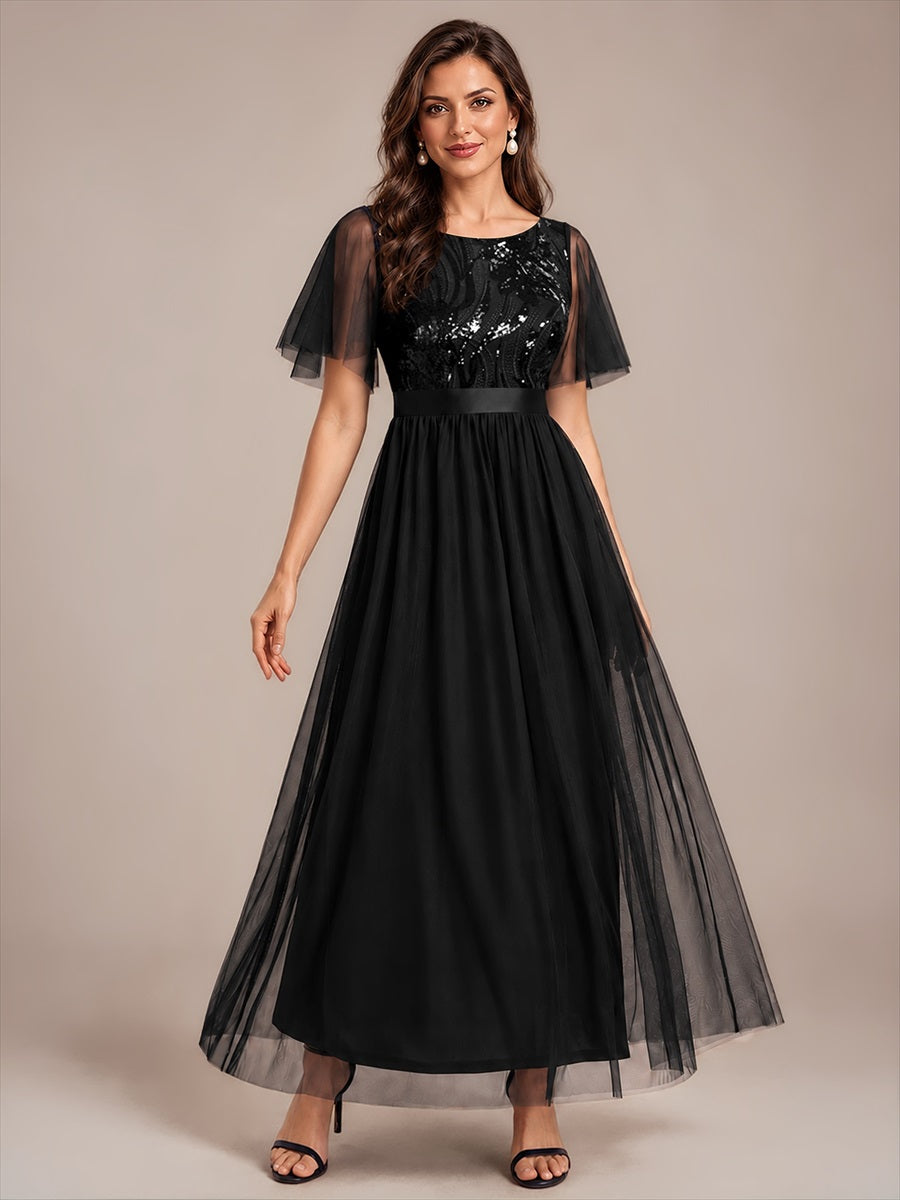 Sequin See-Through Ruffle Sleeve Evening Dress #color_Black