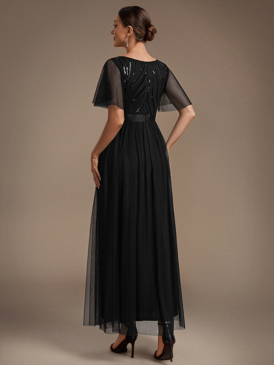 Sequin See-Through Ruffle Sleeve Evening Dress #color_Black