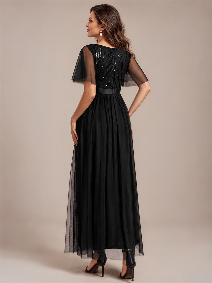 Sequin See-Through Ruffle Sleeve Evening Dress #color_Black