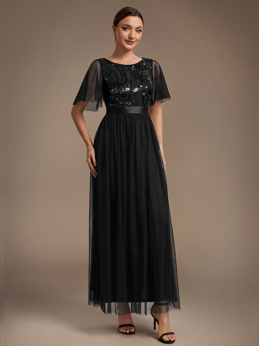 Sequin See-Through Ruffle Sleeve Evening Dress #color_Black