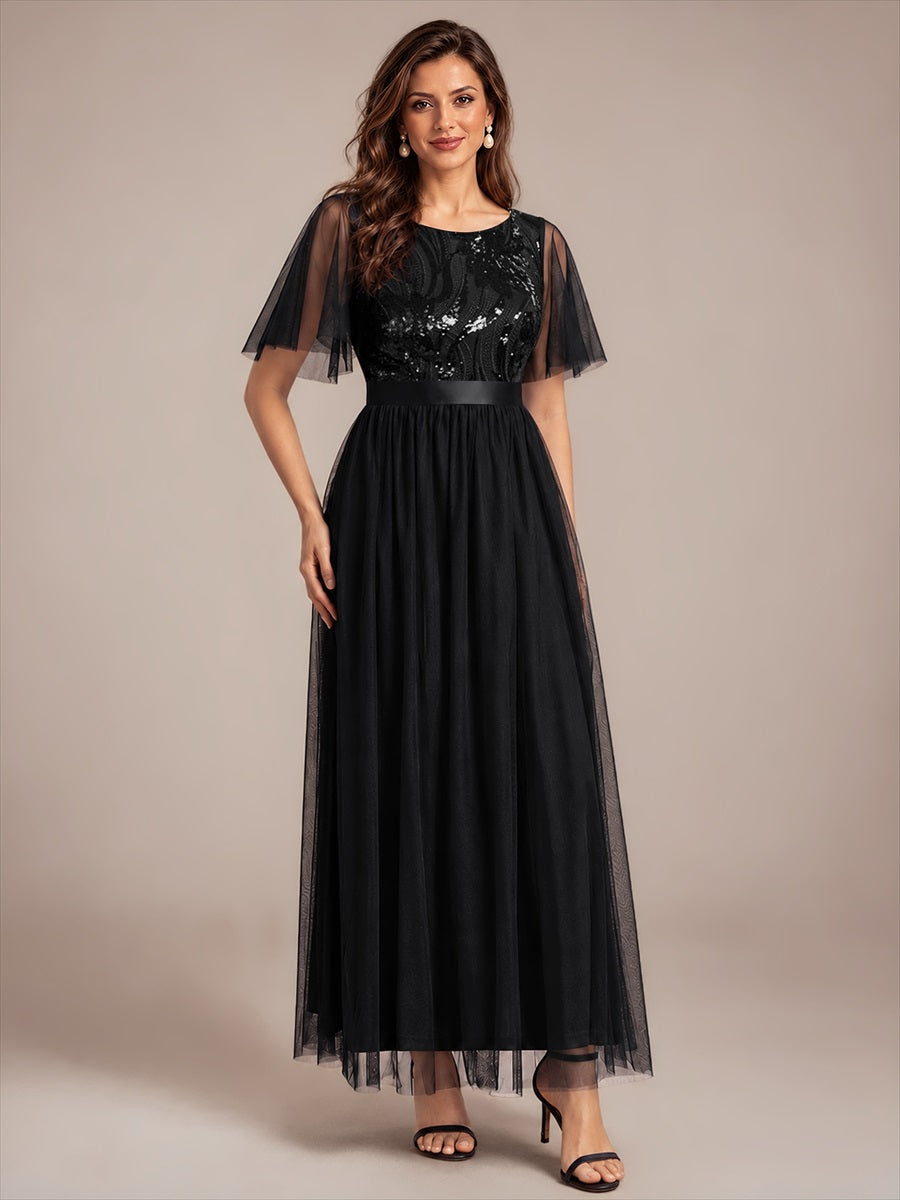 Sequin See-Through Ruffle Sleeve Evening Dress #color_Black