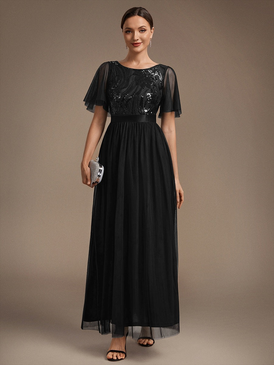 Sequin See-Through Ruffle Sleeve Evening Dress #color_Black
