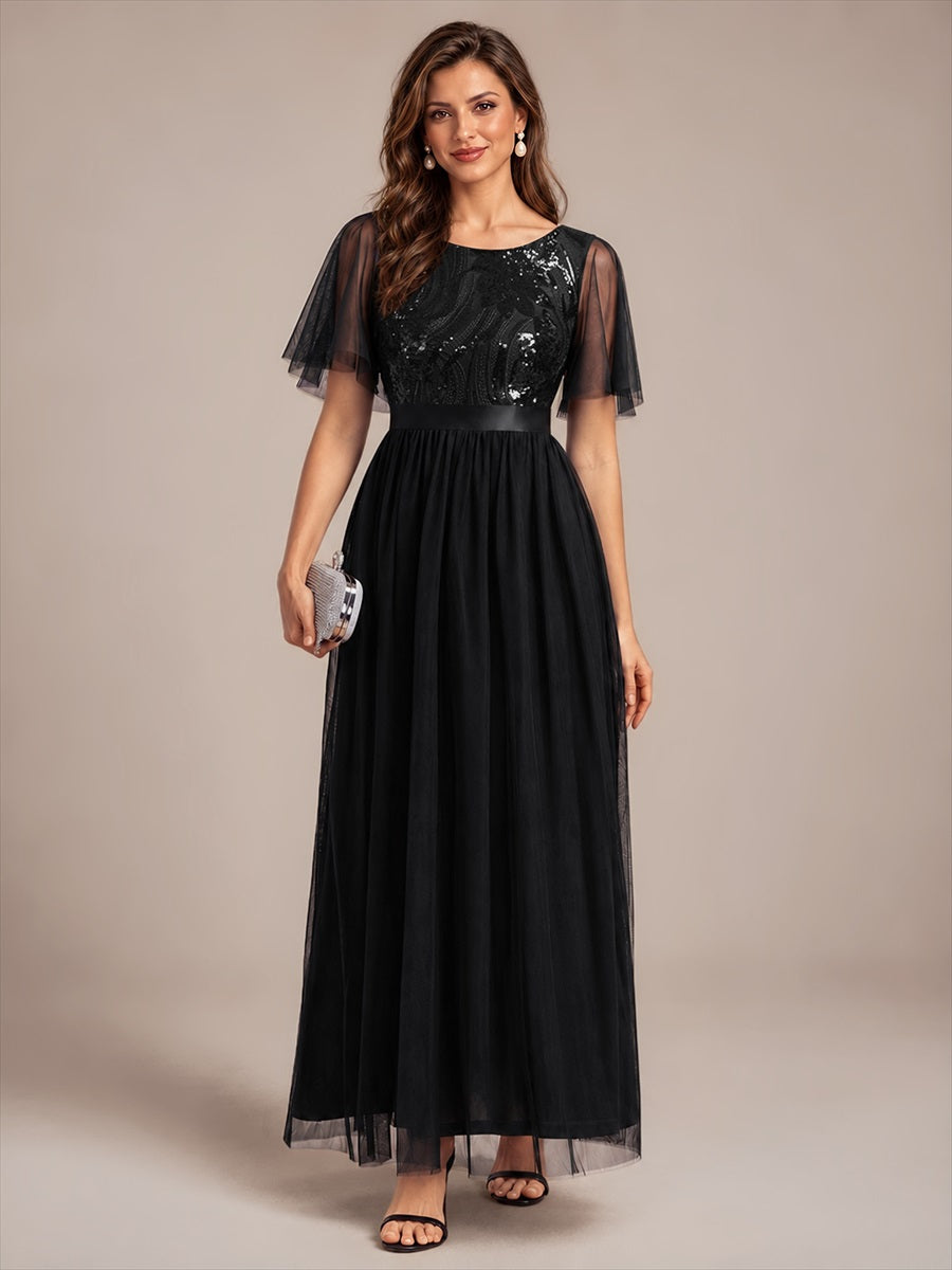 Sequin See-Through Ruffle Sleeve Evening Dress #color_Black
