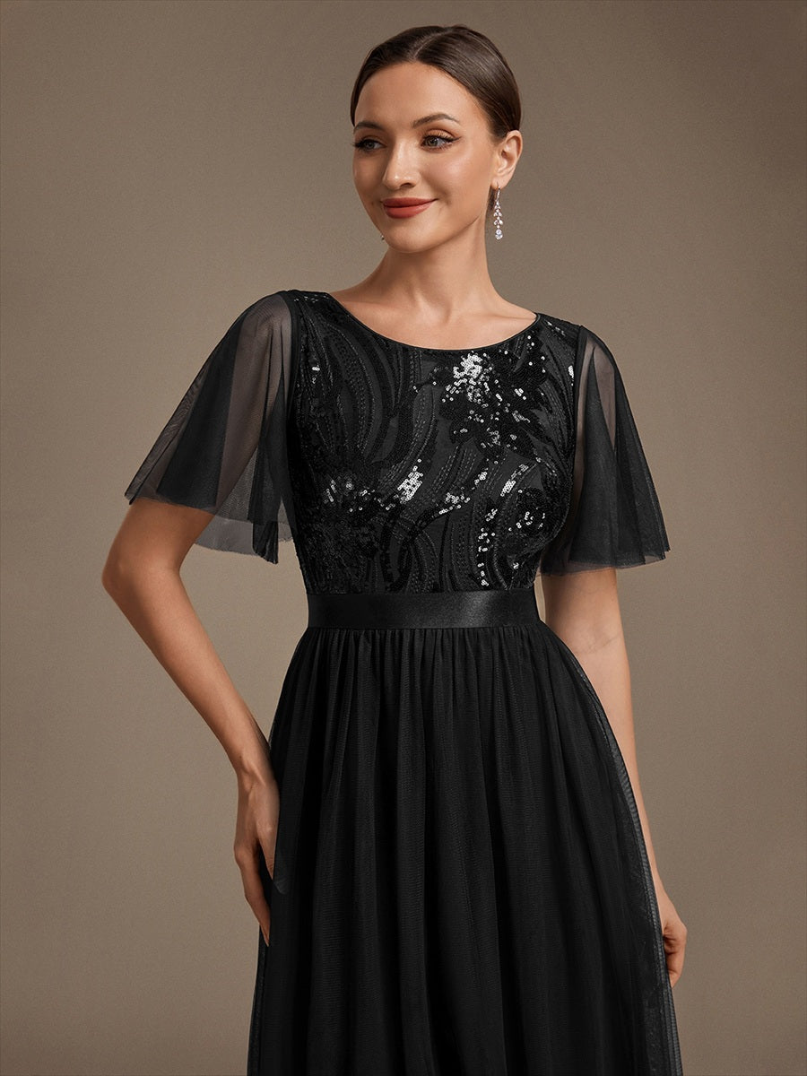 Sequin See-Through Ruffle Sleeve Evening Dress #color_Black