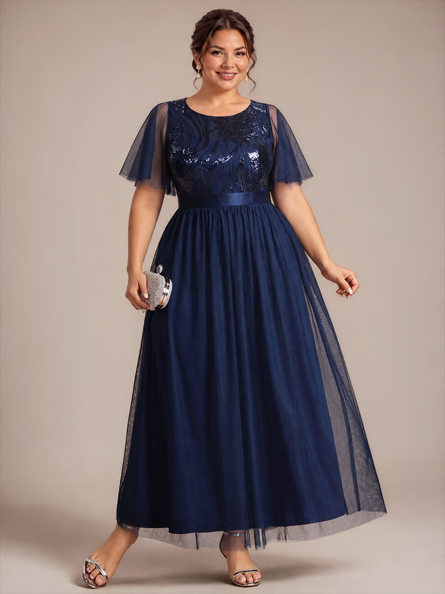 Sequin See-Through Ruffle Sleeve Evening Dress #color_Navy Blue