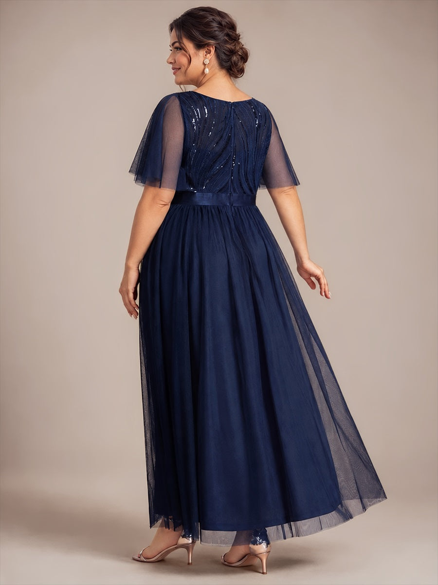 Plus Size Sequin See-Through Tulle Evening Dress #color_Navy Blue