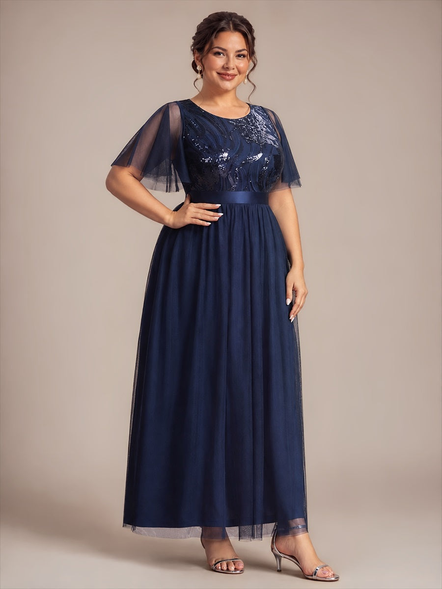 Sequin See-Through Ruffle Sleeve Evening Dress #color_Navy Blue