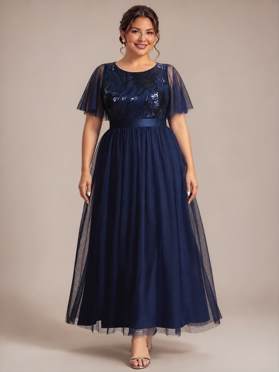 Plus Size Sequin See-Through Tulle Evening Dress #color_Navy Blue