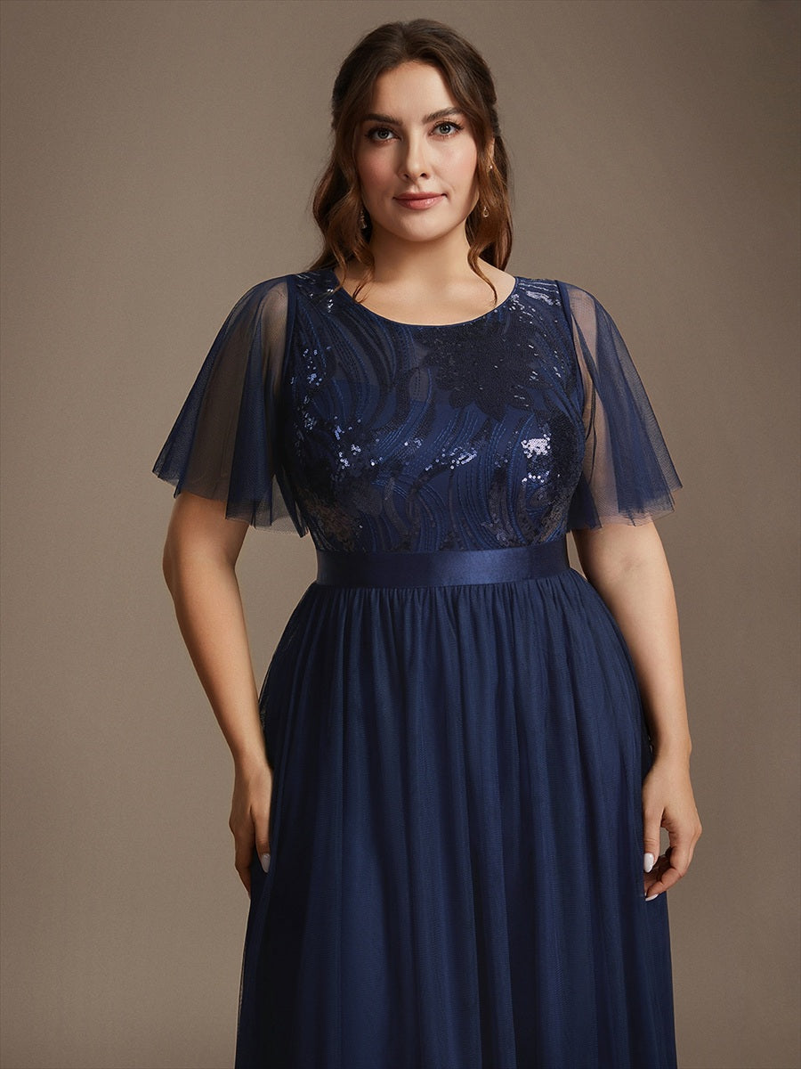 Sequin See-Through Ruffle Sleeve Evening Dress #color_Navy Blue