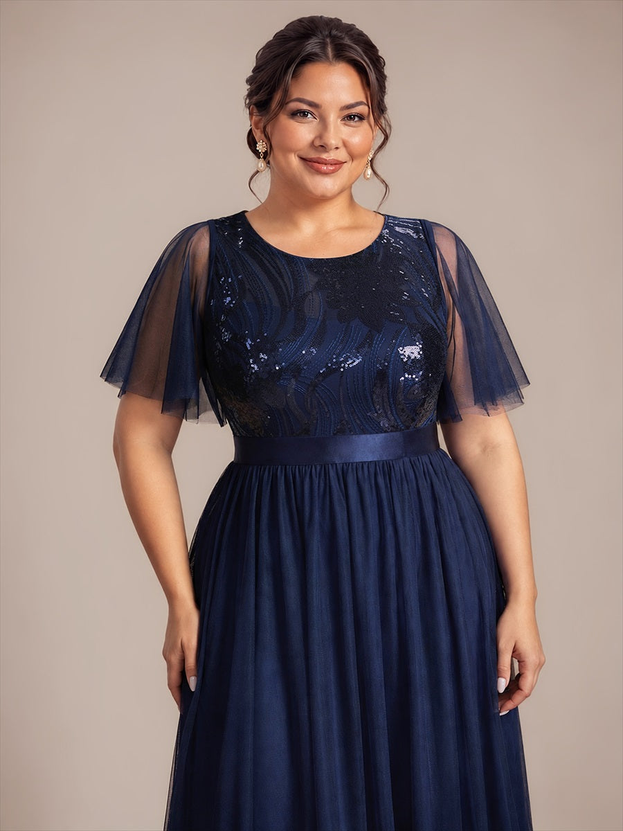 Plus Size Sequin See-Through Tulle Evening Dress #color_Navy Blue