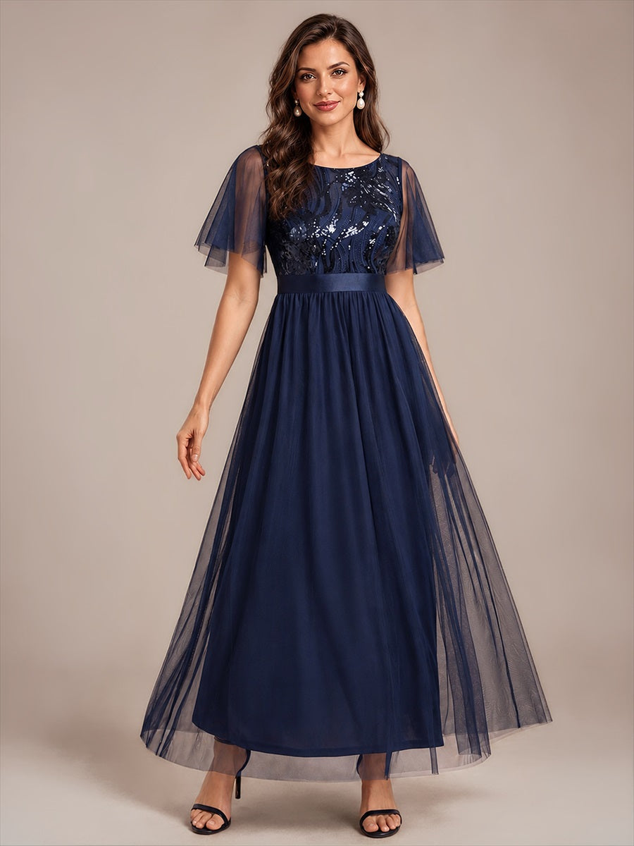 Sequin See-Through Ruffle Sleeve Evening Dress #color_Navy Blue