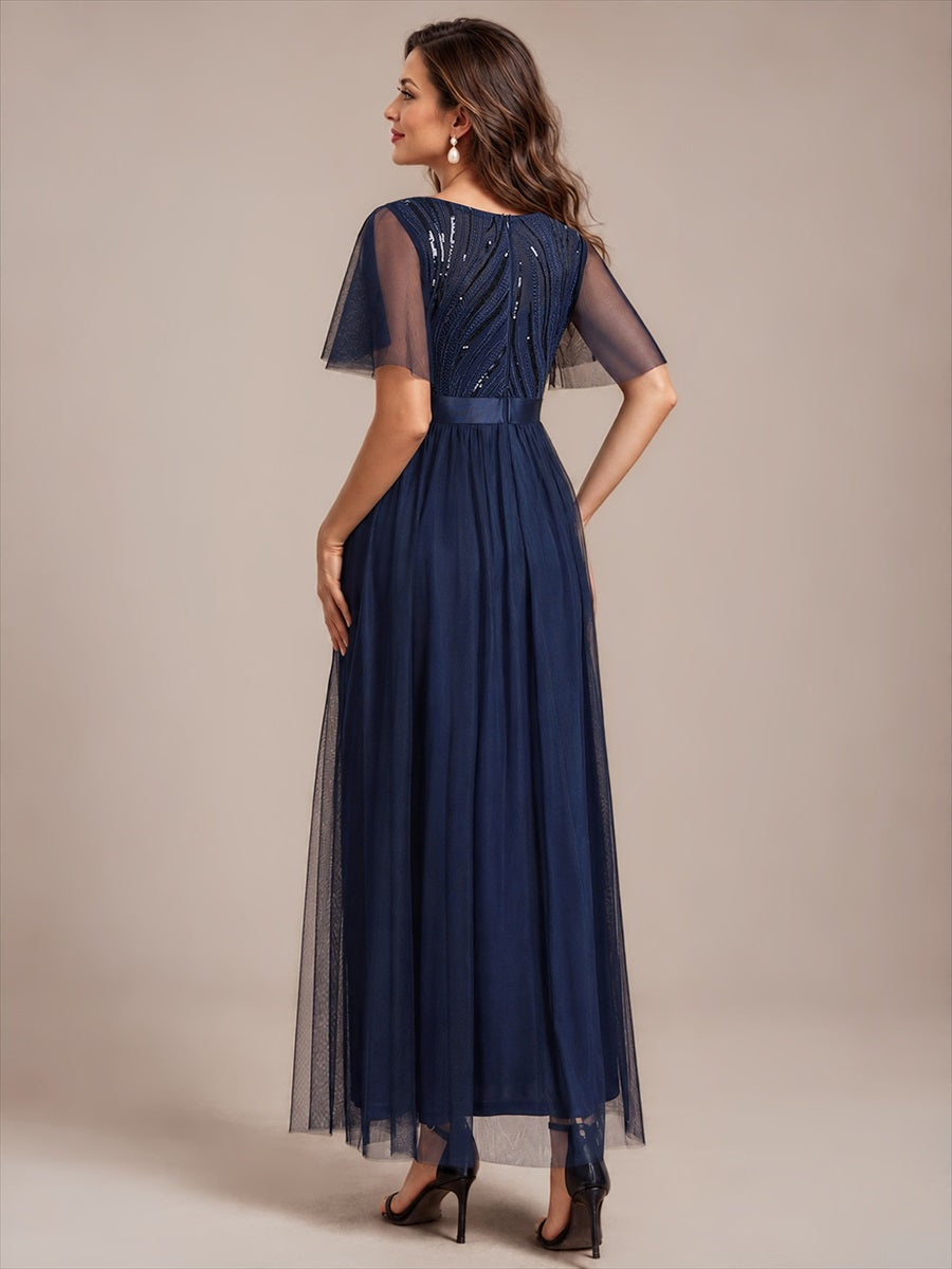 Sequin See-Through Ruffle Sleeve Evening Dress #color_Navy Blue