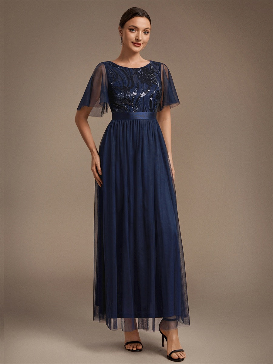Sequin See-Through Ruffle Sleeve Evening Dress #color_Navy Blue